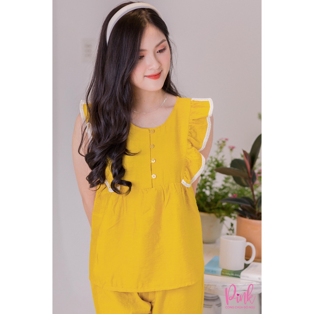 Đồ Ngủ Nữ Pijama Màu Vàng Quần Lửng Cộc Tay Mang Mùa Hè Chất Đũi Thoáng Mát Phong Cách Nữ Tính Trẻ Trung