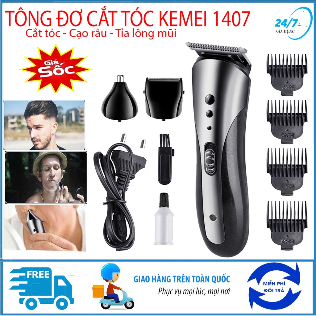 Tông đơ cắt tóc kiêm cạo râu tỉa lông mũi 3 trong 1 Kemei 1407, tăng đơ hớt tóc người lớn, trẻ em đa năng chính hãng