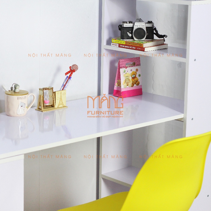 bàn làm việc gỗ kết hợp kệ sách, dùng học bài, để máy tính cho học sinh, sinh viên giá rẻ mẫu blv16