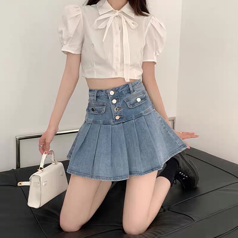 VÁY JEANS LƯNG CAO XOÈ XẾP LY CÓ QUẦN