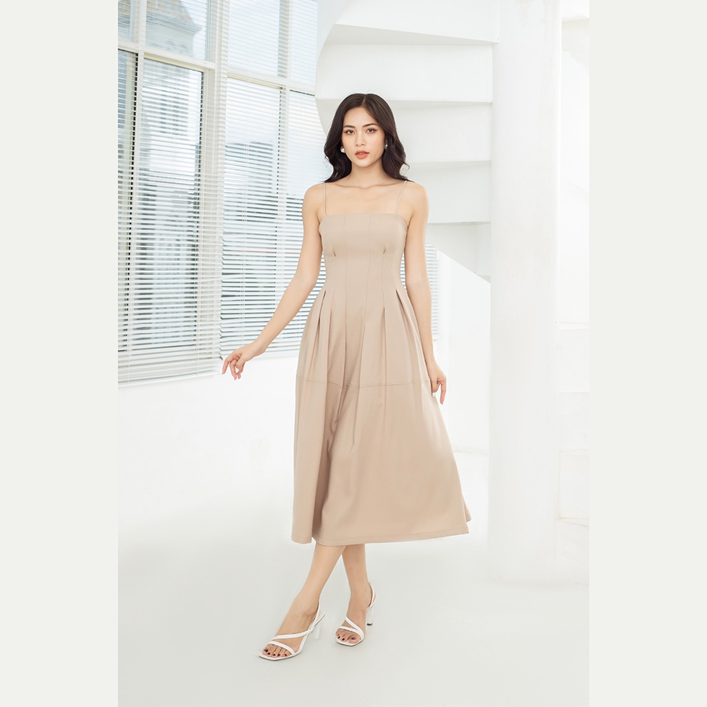 Đầm xòe hai dây xếp li eo 2 lớp thiết kế thời trang Eden dáng dài dây kéo sau lưng có lót túi  - D469