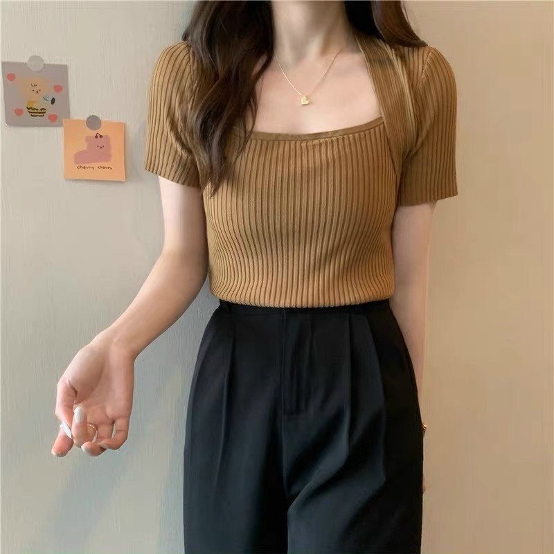 Áo len mỏng cổ vuông tay ngắn co dãn tốt bigsize