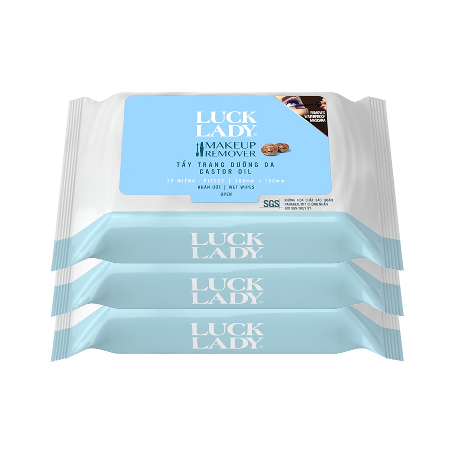 Khăn ướt tẩy trang Luck Lady Castor Oil 25 tờ/gói - Combo 3 gói
