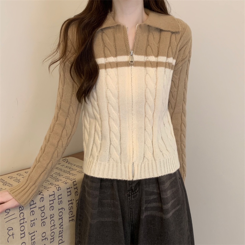 ZHELIHANGFEI Áo Khoác Cardigan Dệt Kim Tay Dài Lưng Cao Phối Khóa Kéo Phong Cách Retro