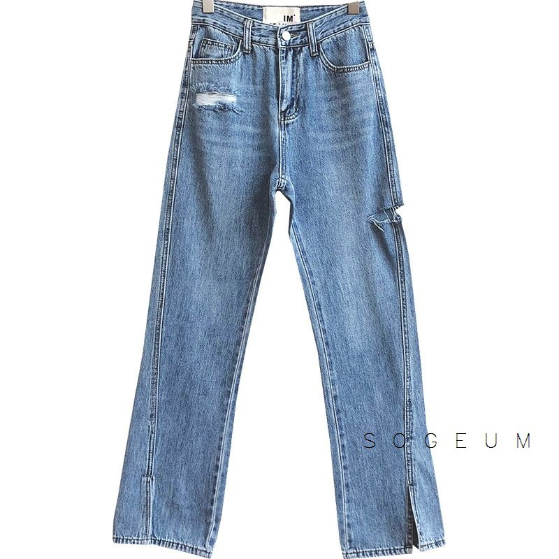 Quần jean nữ co giãn, Quần bò cạp cao ống vẩy rách xẻ tà màu xanh sogeum.store | BigBuy360 - bigbuy360.vn