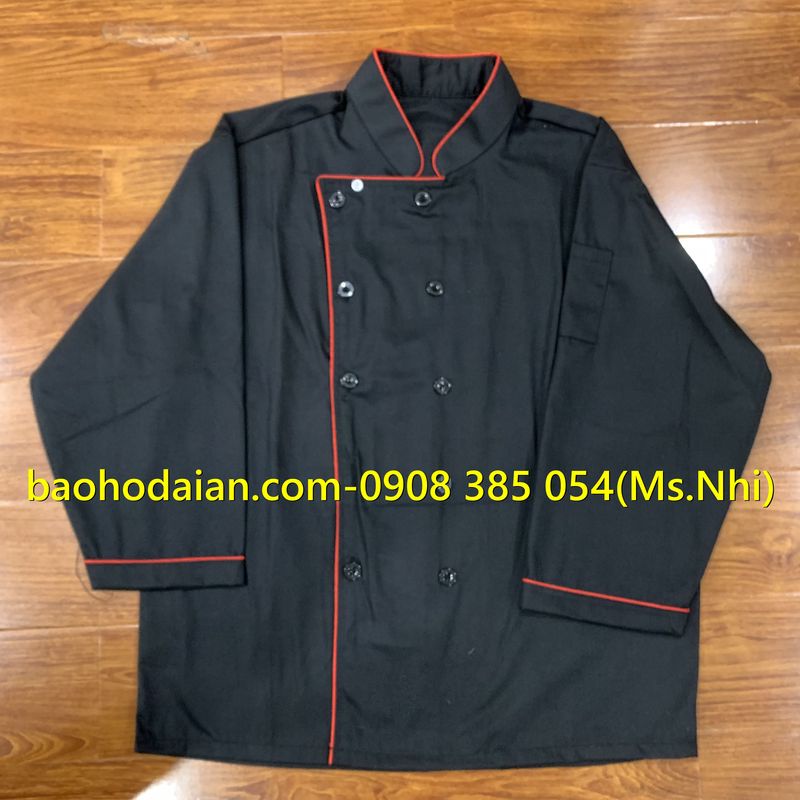 Áo đầu bếp dài tay vải kaki thoáng mát phối viền đen sang trọng