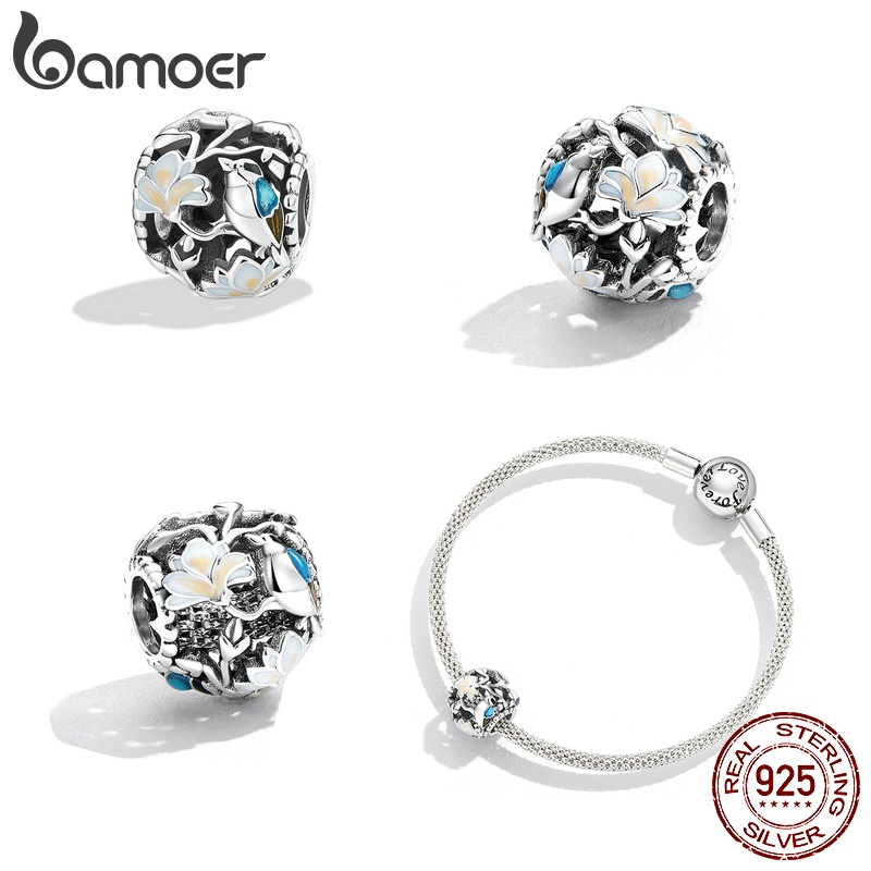 Hạt xỏ trang sức BAMOER SCC21915 bạc 925 thiết kế hoa và chim thời trang DIY