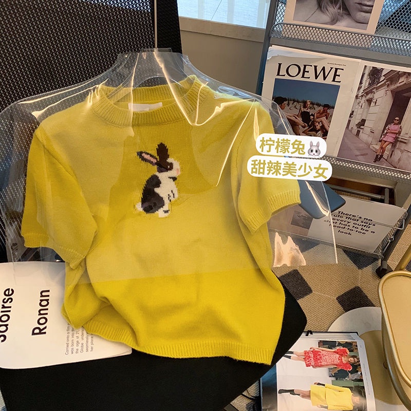 Áo Sweater Dệt Kim Tay Ngắn In Hình Thỏ Vàng Dễ Thương Cho Nữ  tao bao