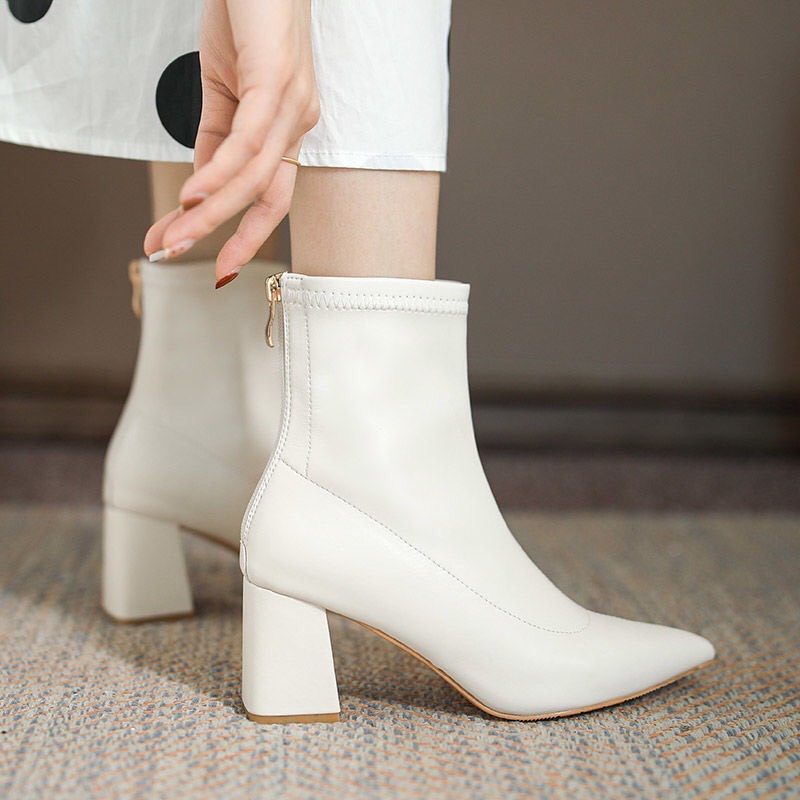 Giày Bốt Nữ Size 31 32 33 Gót Trụ Mũi Nhọn Da Mềm Hàng Quảng Châu Cao Cấp Cao 7cm