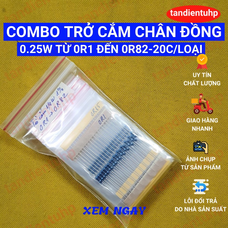 Trở cắm 0.25W màng kim loại, chân Đồng, sai số 1%,Combo13 trị số từ 0R1 đến 0R82 mỗi loại 20 chiếc, thương hiệu Đài Loan