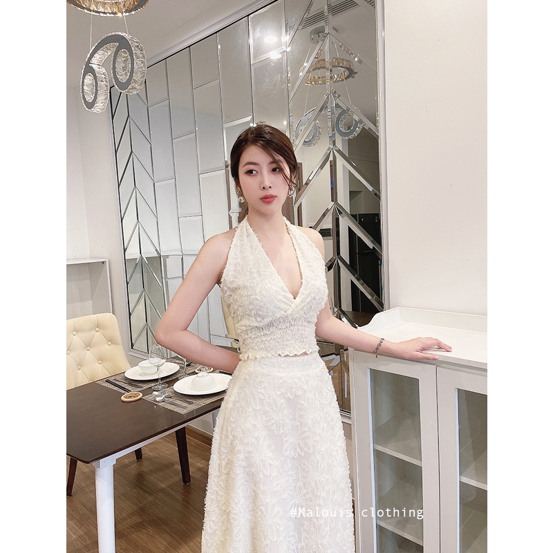 Set váy trắng cổ yếm hở ngực + chân váy xòe, chất voan lông mềm mịn - VS99