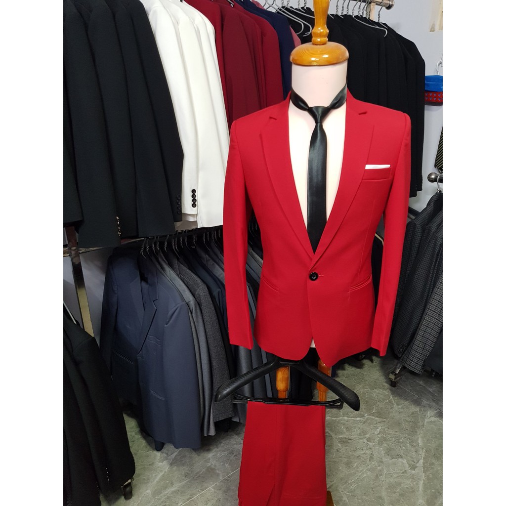 [Mẫu Mới] Bộ vest nam ôm body full size màu Đỏ Tươi