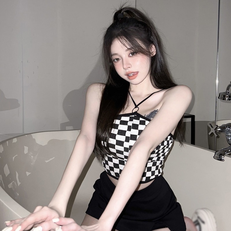 Áo Croptop Dệt Kim Sát Nách Kẻ Sọc Ca Rô Ôm Dáng Cá Tính Cho Nữ