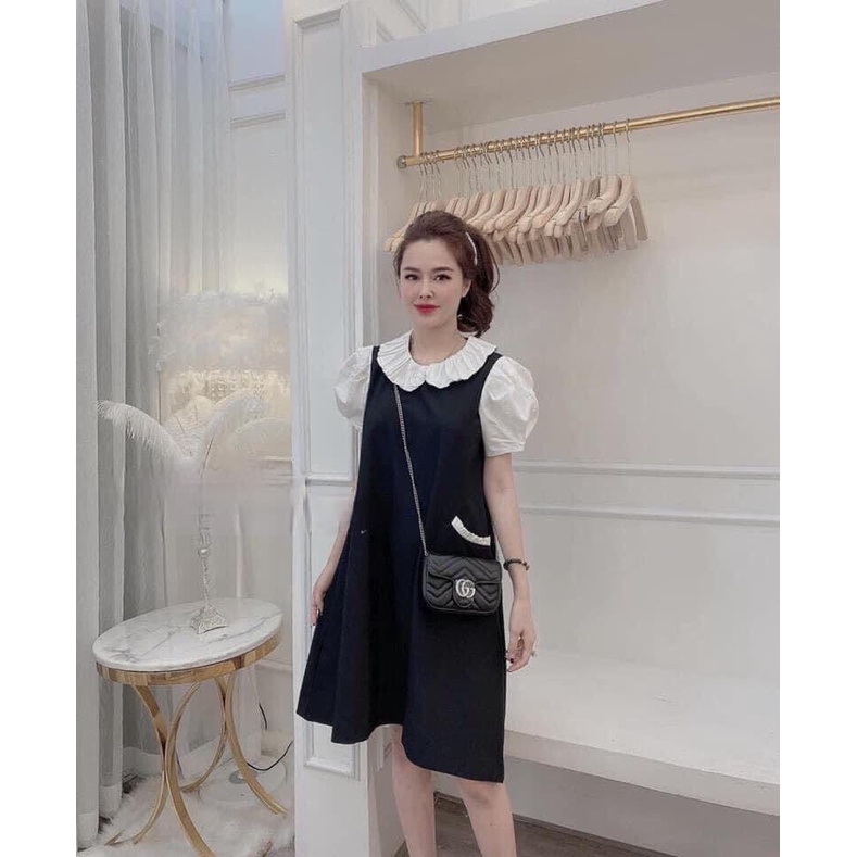 Váy bầu bigsize - Đầm bầu thiết kế GuMe màu Đen Tay Bo Cổ Trắng Bèo Dáng Suông size 40-100kg  MB210 - ảnh thật