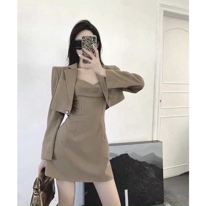 (Có BigSize) Set Đầm 2 Dây Và Áo Khoác Vest Croptop Trẻ Trung Cá Tính