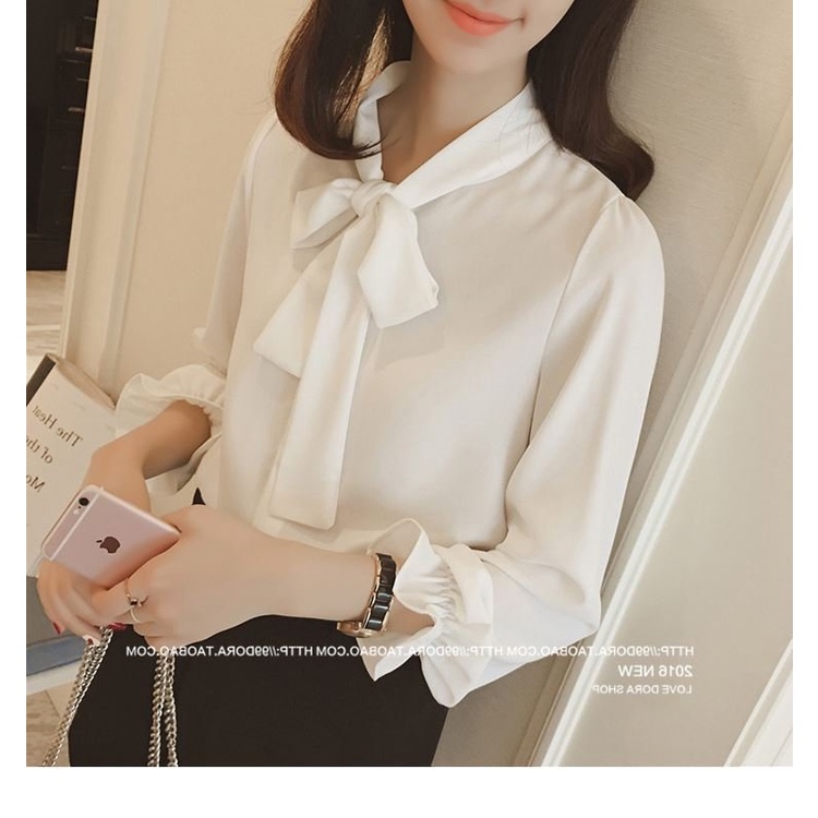 Áo Sơ Mi Tay Dài Công Sở Cho Nữ Thắt Nơ Kiểu Phong Cách Hàn Quốc Form Rộng S3T5-3