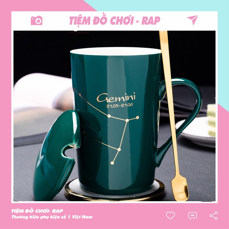 Ly cốc sứ xanh ngọc 12 cung hoàng đạo dung tich 450ml có nắp đậy, tặng kèm thìa dùng để pha trà, cafe - Ráp