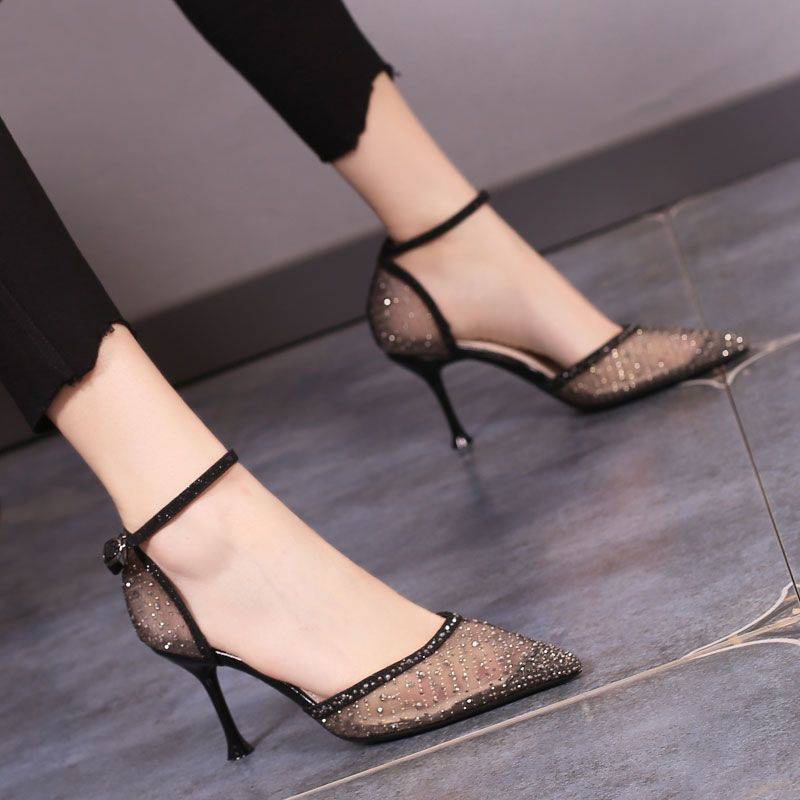 Giày Sandal Cao Gót Quai Lưới Đính Đá Lấp Lánh Thời Trang Xuân Hè Hàng Mới 2022