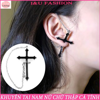 Khuyên tai Nam Nữ hình chữ thập kèm dây xích cá tính với thiết kế độc đáo mang phong cách trẻ trung và ấn tượng KT-89