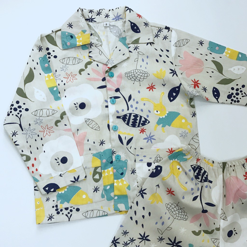 Pijama cho bé Thô cotton mềm mịn hút mồ hôi - Vườn thú xám 10-45kg