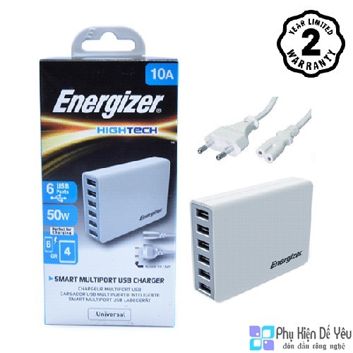 Sạc Energizer USA6EEUHWH5 - 6 cổng, 50W [CHÍNH HÃNG PHÂN PHỐI, BẢO HÀNH 2 NĂM]