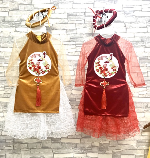 ÁO DÀI NHUNG 3 CHI TIẾT MÀU ĐỎ VÀ VÀNGRẺ VÔ ĐỊCH