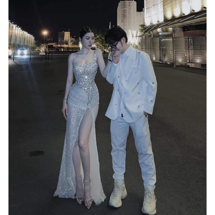 Đầm da hội kim sa đá đính đá cao cấp kem hình thật