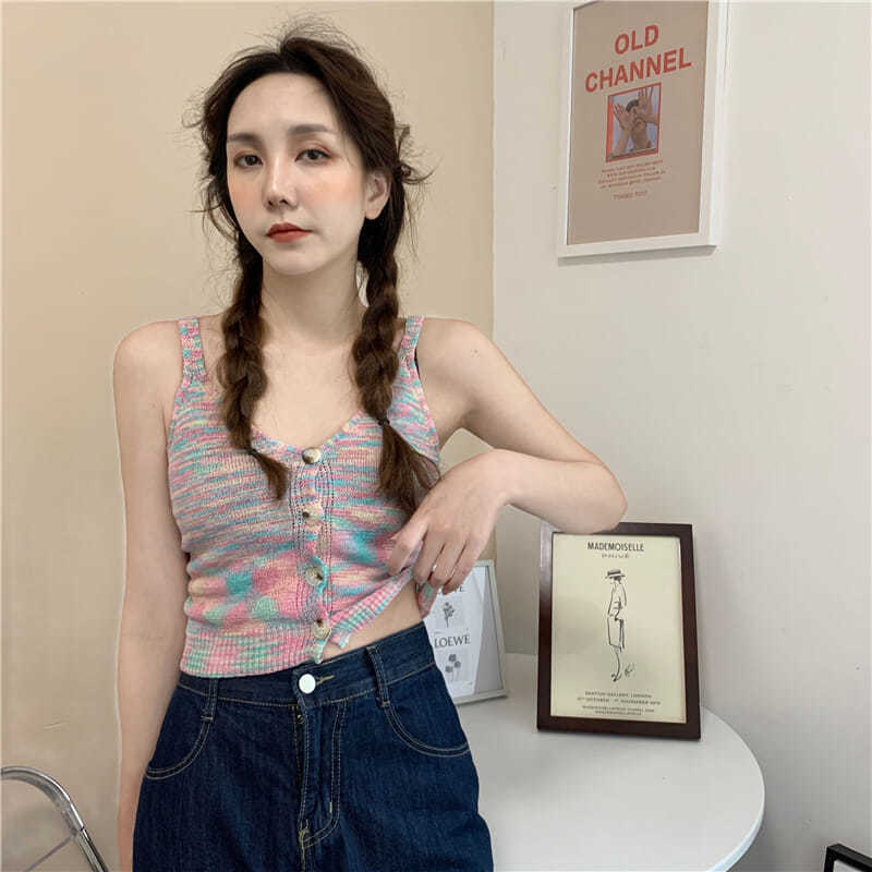 Áo dệt kim hai dây màu sắc tương phản thời trang mùa hè phong cách Hàn Quốc mới cho nữ