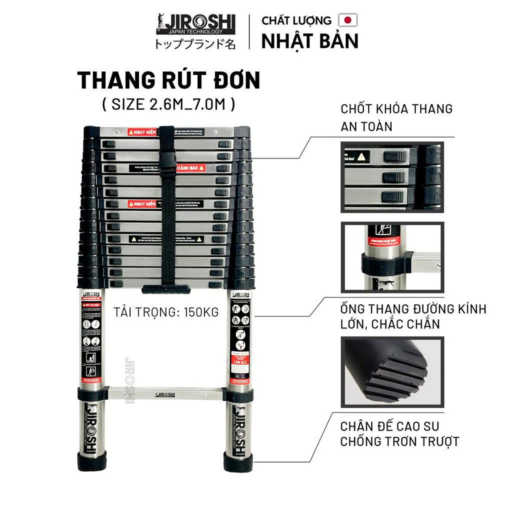Thang nhôm rút Jiroshi  2m6 - 3m2 -3m8 - 4m4 - 5m - 5m8 -7m, thang rút phiên bản inox new 2023 cao cấp Nhật Bản