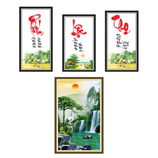 Combo 4 tranh dán tường HD Phong cảnh và thư pháp HCB4-0003 phủ kim sa