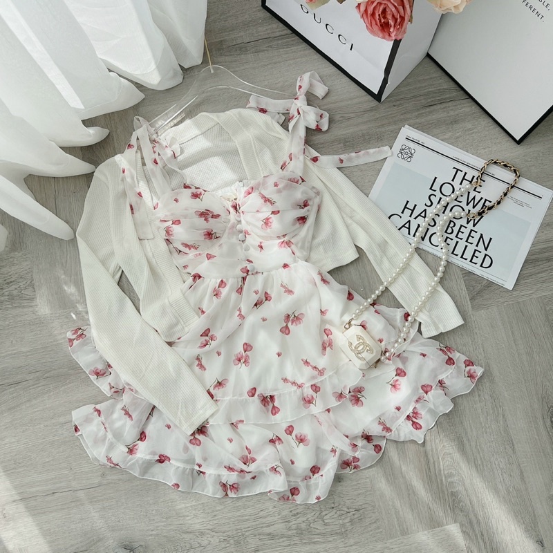 Set váy áo hoa nhí 2 dây, Set váy tiểu thư 2 dây hoa nhí kèm áo khoác CADIGAN thun gân cao cấp bao xinh.