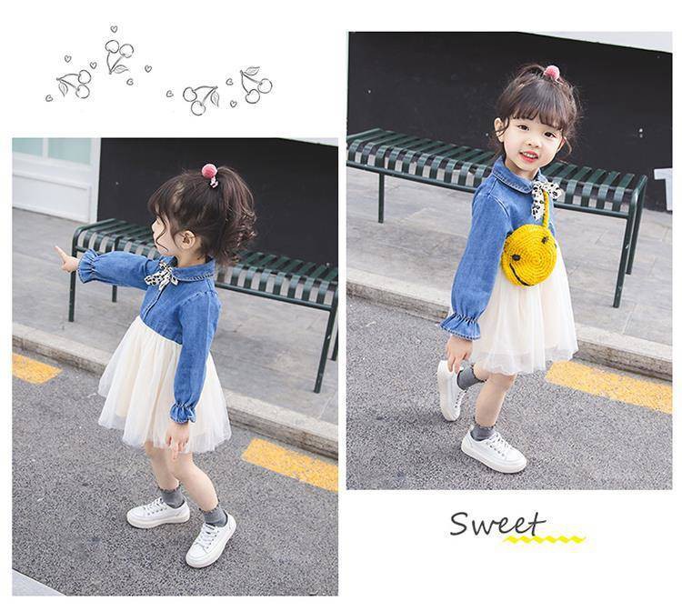 Đầm denim phối lưới dài tay phong cách Hàn Quốc dành cho bé gái