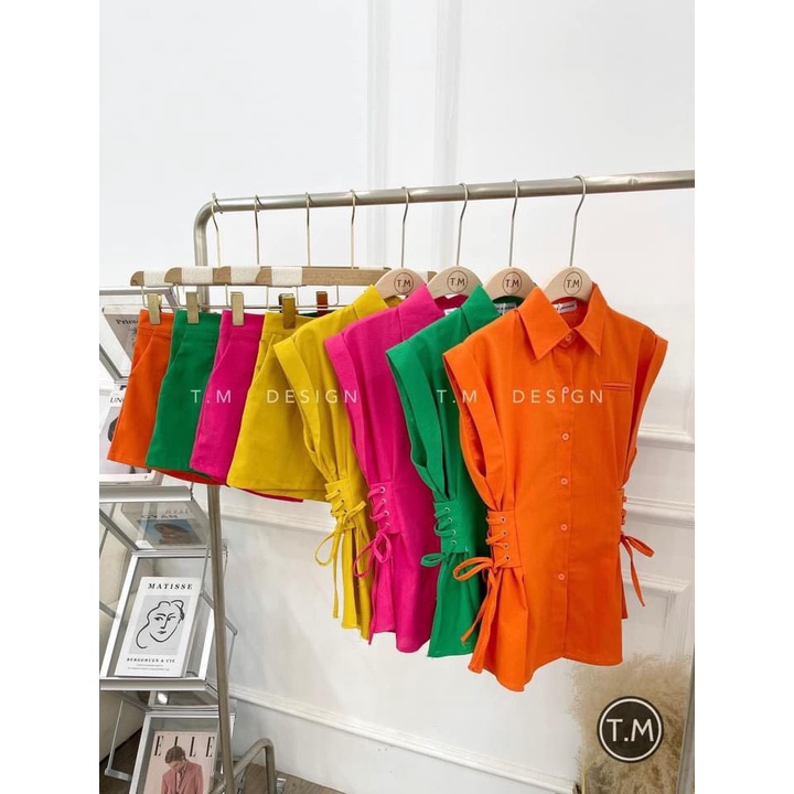 Set áo sơ mi rút sườn rút eo phối quần đùi quần sort màu xanh vàng hồng cam