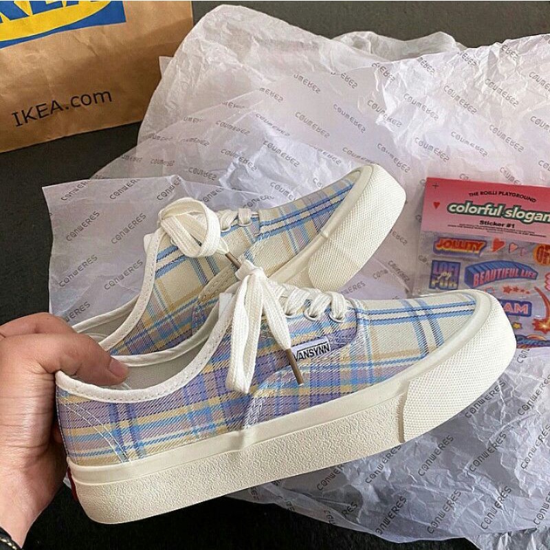 Giày vải canvas cổ thấp đế bằng phong cách Ulzzang cho nữ - Giày vansynn kẻ sọc dáng vans classic siêu đẹp