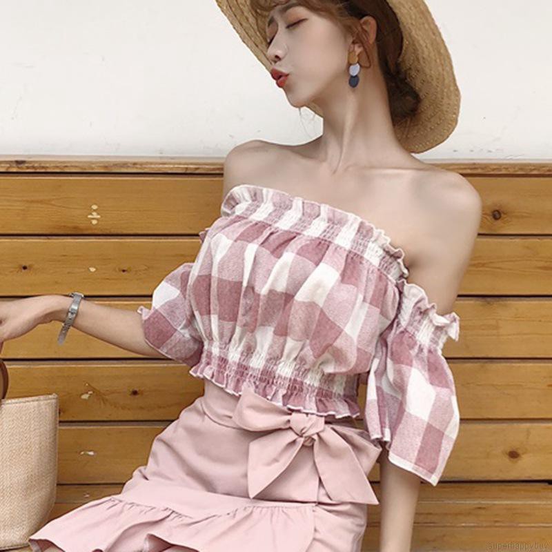 Áo kiểu trễ vai họa tiết sọc ca rô phong cách Hàn Quốc dành cho nữ | BigBuy360 - bigbuy360.vn