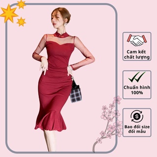 Hàng nhập - Đầm ôm body đuôi cá cổ tàu thun đỏ phối lưới - D125241