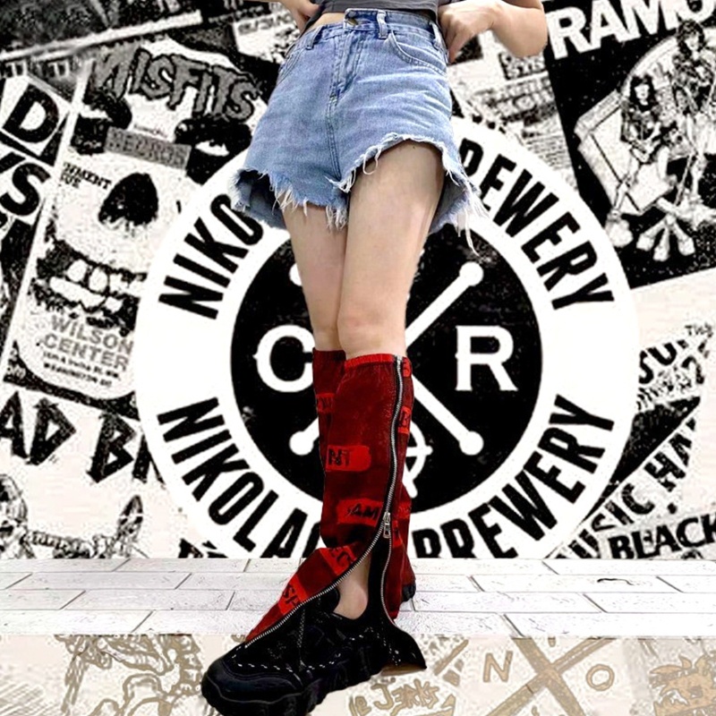 Xiangbao Vỏ Bọc Chân Loe In Chữ Goth Punk Hip Hop Harajuku Nhật Bản Màu Đỏ Giữ Ấm Có Khóa Kéo Bên Hông Cho Nữ