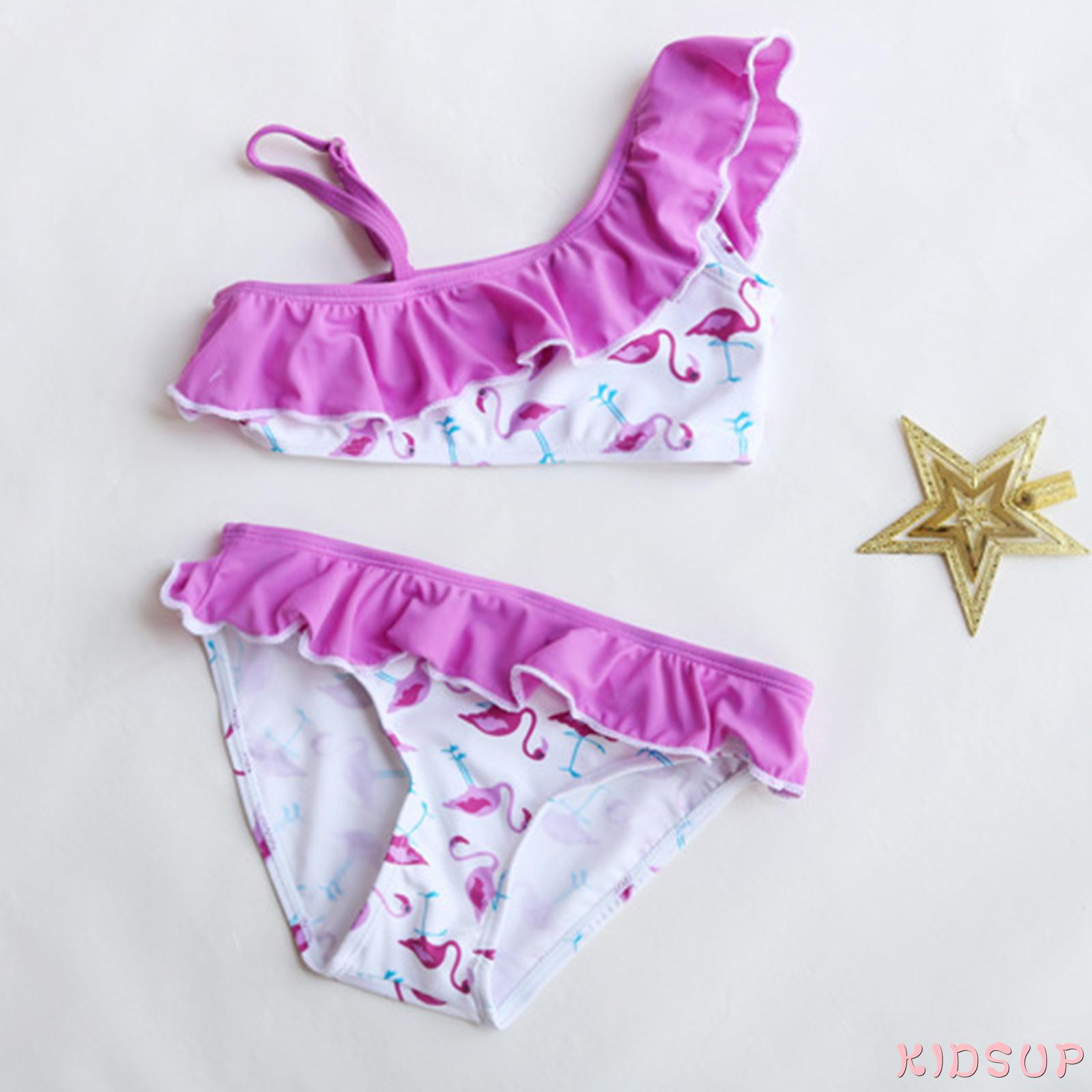 Bộ Đồ Bơi Bikini Hai Mảnh Không Tay Hở Vai In Hình Chim Hồng Hạc + Quần Ngắn Cho Bé Gái