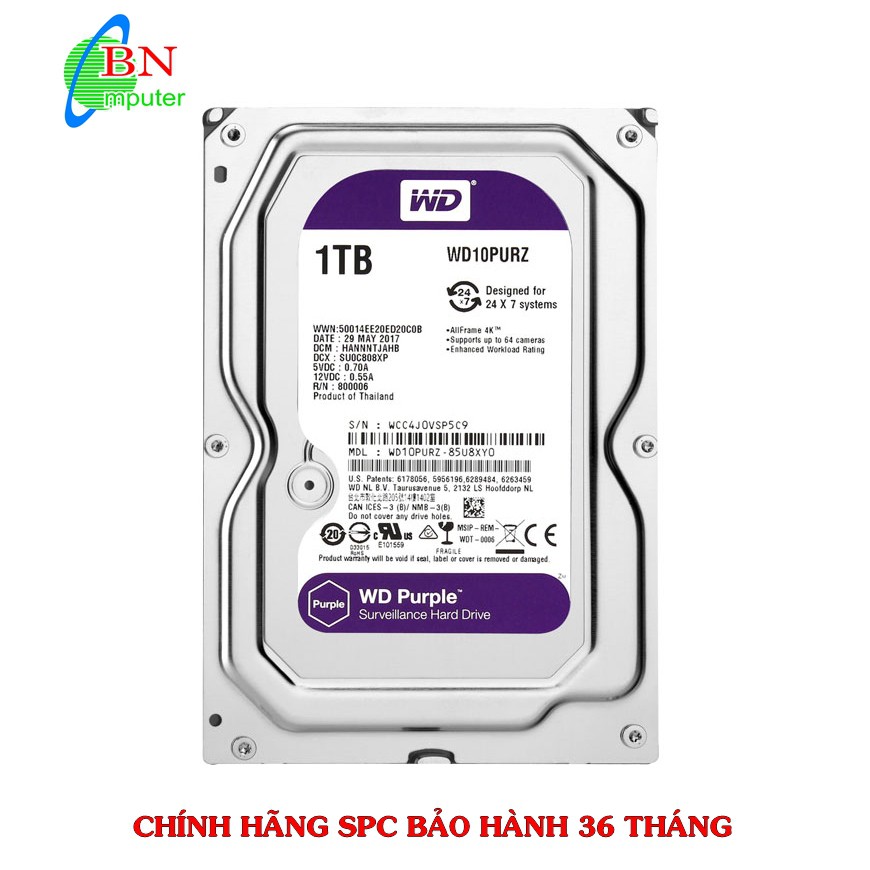 Ổ cứng HDD 1TB Western Digital chuyên dụng cho camera (WD10PURZ) - Bảo hành 36 tháng