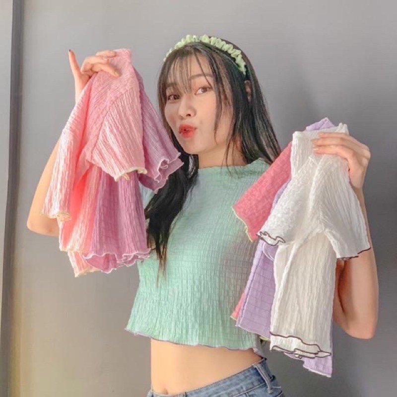 Áo thun nhún cuốn biên màu pastel madeby Tím