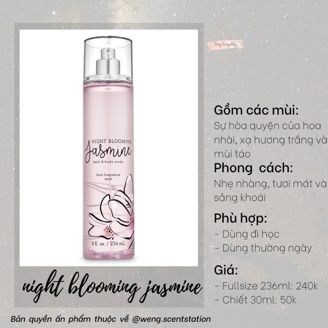 ( MÙI MỚI ) Xịt thơm Bath &amp; Body Works mùi Night Blooming Jasmine