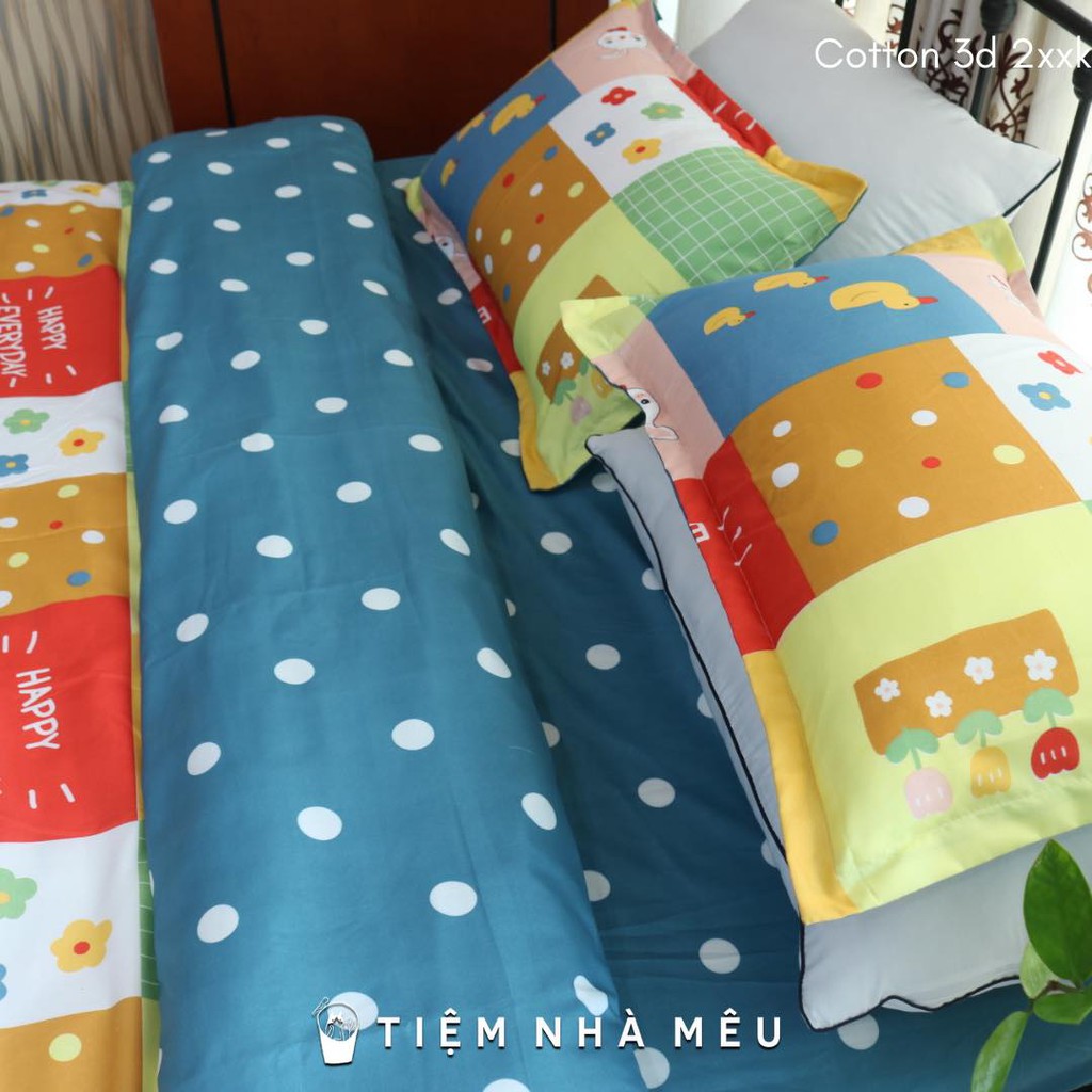 ( ẢNH THẬT )Bộ Chăn Ga Gối Cotton 3D✨m6/m8/2m-Tiệm Nhà Mêu✨Set 4 Món 2 Vỏ gối ,drap , vỏ chăn Cotton 80% Trà Sữa Đẹp