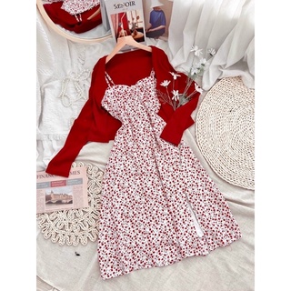 Set đầm hoa đỏ hai dây + áo khoác đỏ