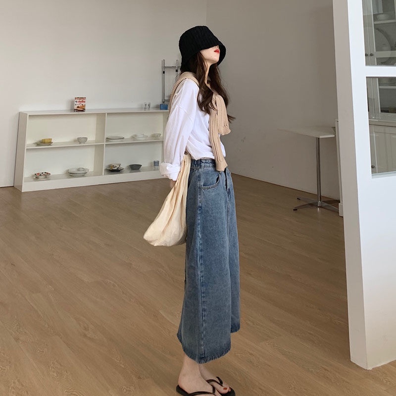 Chânváy jean chữ A dài qua gối xẻ tà phong cách retro Hàn Quốc cho nữ