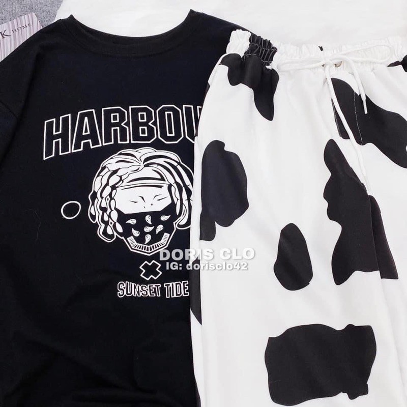 [Rẻ vô địch] Bộ áo HARBOUR đeo mặt nạ phối quần dài loang thụng bò sữa gấu bo. | BigBuy360 - bigbuy360.vn