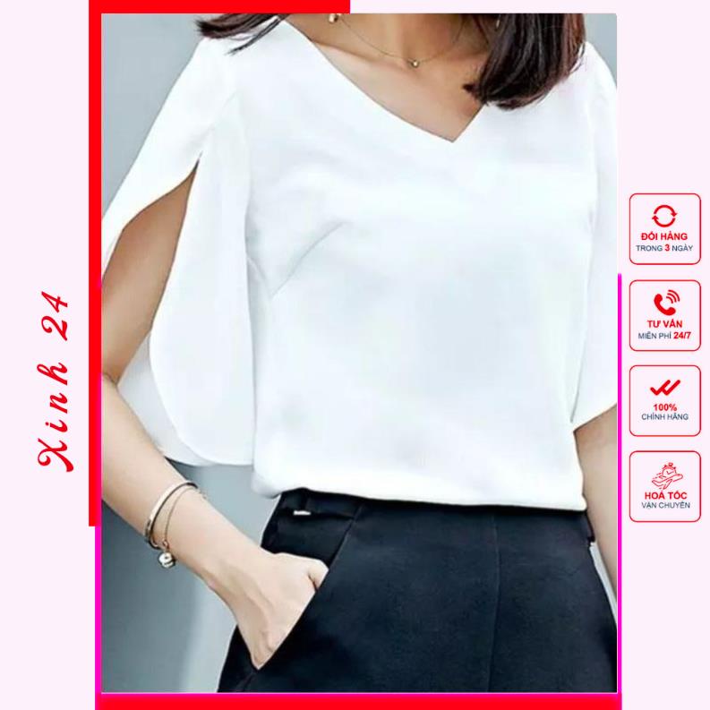 Áo kiểu nữ, áo sơ mi nữ cổ tim, thiết kế tay xẻ tà cách điệu | BigBuy360 - bigbuy360.vn