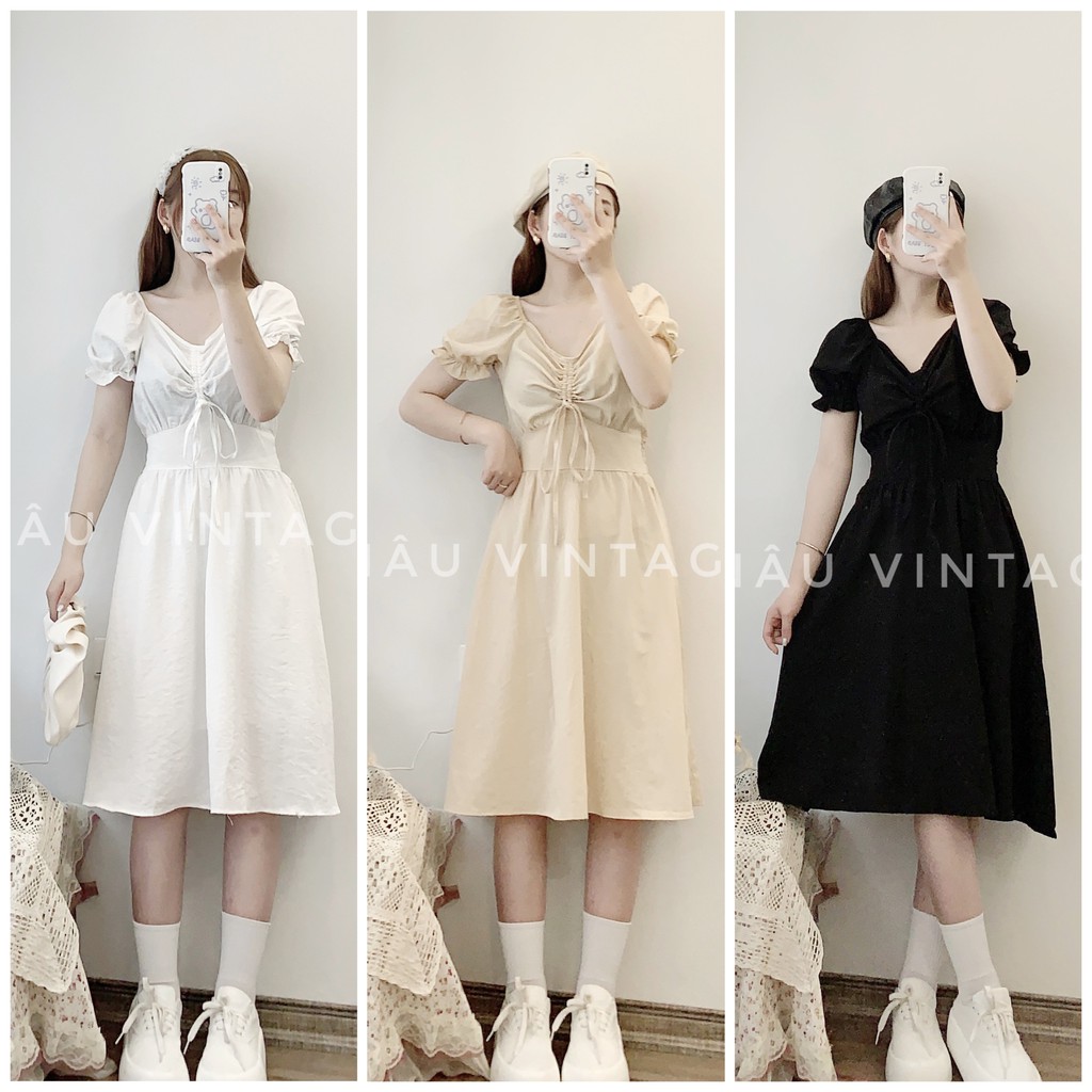 váy, đầm rút dây ngực freesize tay bo chun vải đũi 3 màu trắng, be, đen (cam kết ảnh shop chụp thật 100%)