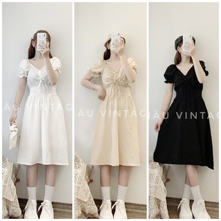 váy, đầm rút dây ngực freesize tay bo chun vải đũi 3 màu trắng, be, đen (cam kết ảnh shop chụp thật 100%)