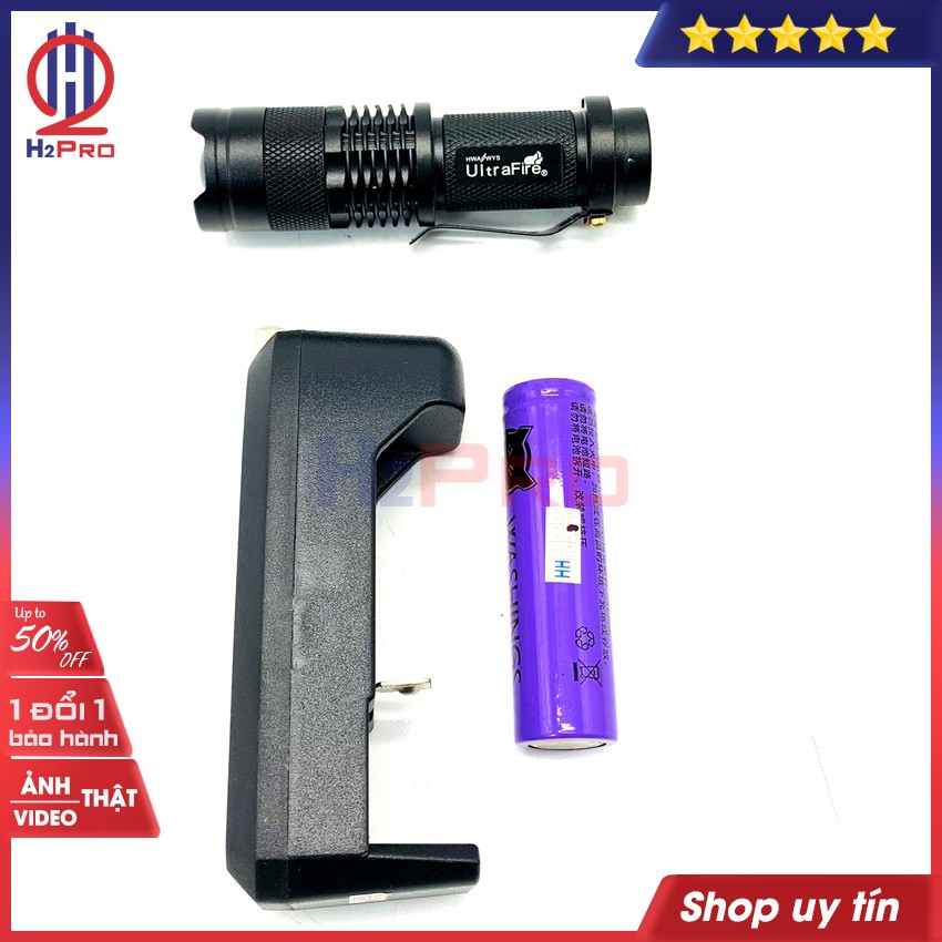 Đèn Pin Mini Cầm Tay UltraFire HY68 Led Trắng Siêu Sáng Có Sạc, Chống Nước, Ống Zoom, 3 Chế Độ, Tặng Củ Và Pin Sạc-H2Pro