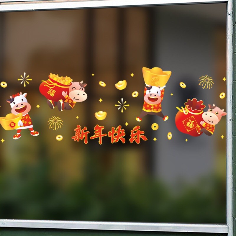 Decal dán tường tết HÍT TĨNH ĐIỆN 4 Chú Trâu thổi vàng